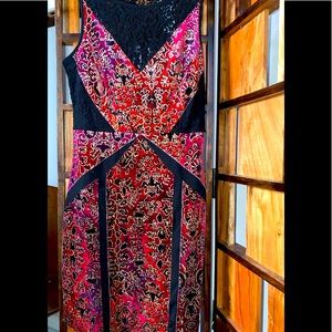 Velvet ecoté mini dress. Red with purple hues, lace and gold accents. Gorgeous!